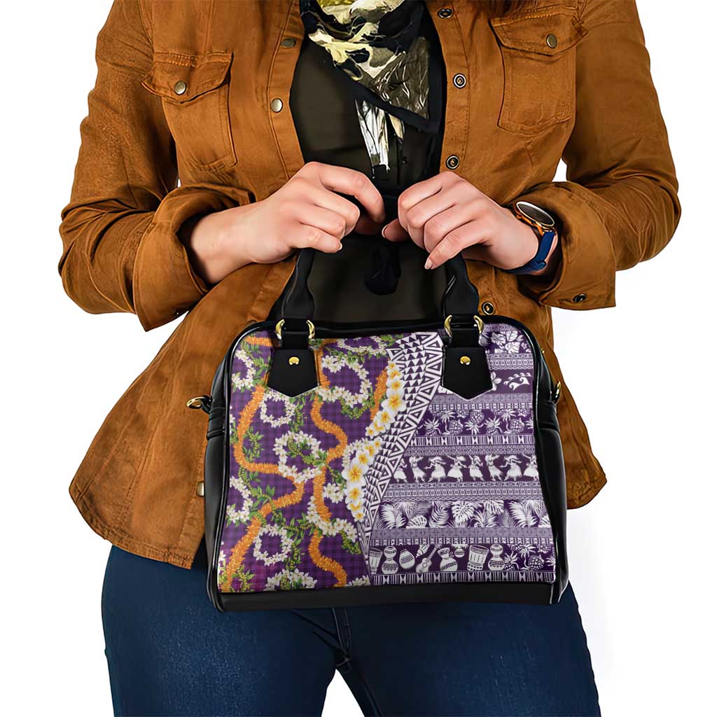 Hawaiian Plumeria Lei Shoulder Handbag Kakau Motifs and Palaka Half Style Purple Color - Polynesian Pride