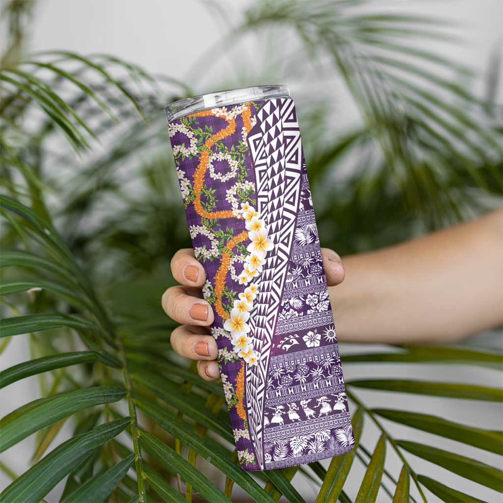 Hawaiian Plumeria Lei Skinny Tumbler Kakau Motifs and Palaka Half Style Purple Color LT03 - Polynesian Pride