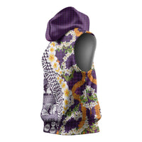 Hawaiian Plumeria Lei Sleeveless Hoodie Kakau Motifs and Palaka Half Style Purple Color LT03 - Polynesian Pride
