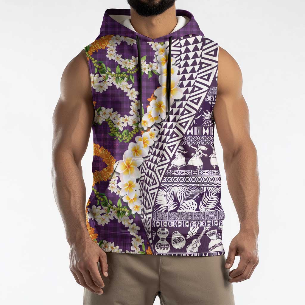 Hawaiian Plumeria Lei Sleeveless Hoodie Kakau Motifs and Palaka Half Style Purple Color LT03 - Polynesian Pride