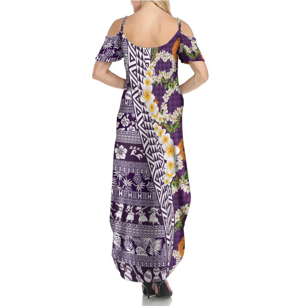Hawaiian Plumeria Lei Summer Maxi Dress Kakau Motifs and Palaka Half Style Purple Color LT03 - Polynesian Pride