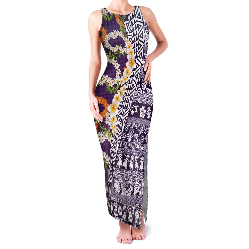 Hawaiian Plumeria Lei Tank Maxi Dress Kakau Motifs and Palaka Half Style Purple Color - Polynesian Pride