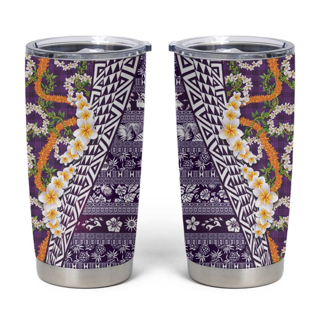 Hawaiian Plumeria Lei Tumbler Cup Kakau Motifs and Palaka Half Style Purple Color LT03 Purple - Polynesian Pride