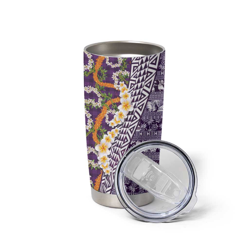 Hawaiian Plumeria Lei Tumbler Cup Kakau Motifs and Palaka Half Style Purple Color LT03 - Polynesian Pride