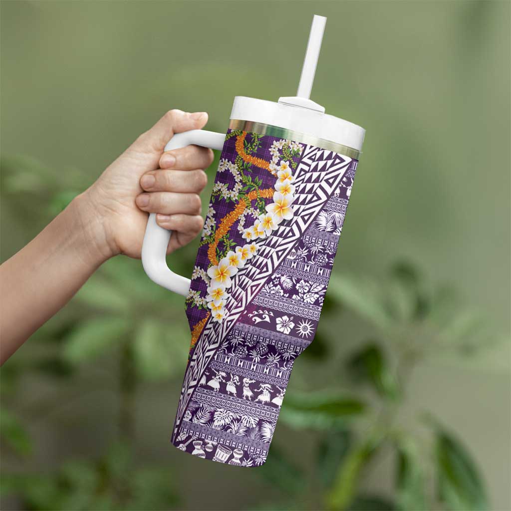 Hawaiian Plumeria Lei Tumbler With Handle Kakau Motifs and Palaka Half Style Purple Color - Polynesian Pride