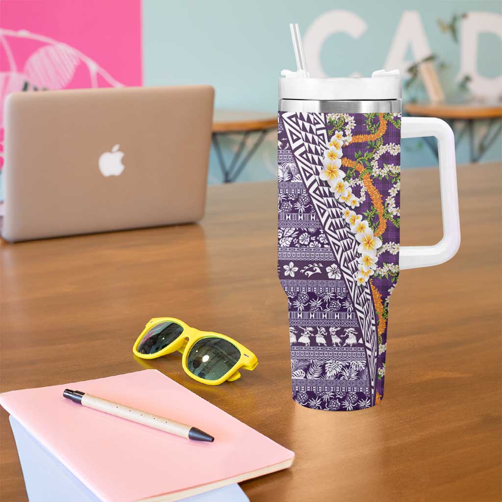 Hawaiian Plumeria Lei Tumbler With Handle Kakau Motifs and Palaka Half Style Purple Color - Polynesian Pride