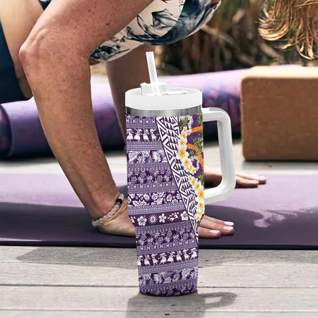 Hawaiian Plumeria Lei Tumbler With Handle Kakau Motifs and Palaka Half Style Purple Color - Polynesian Pride