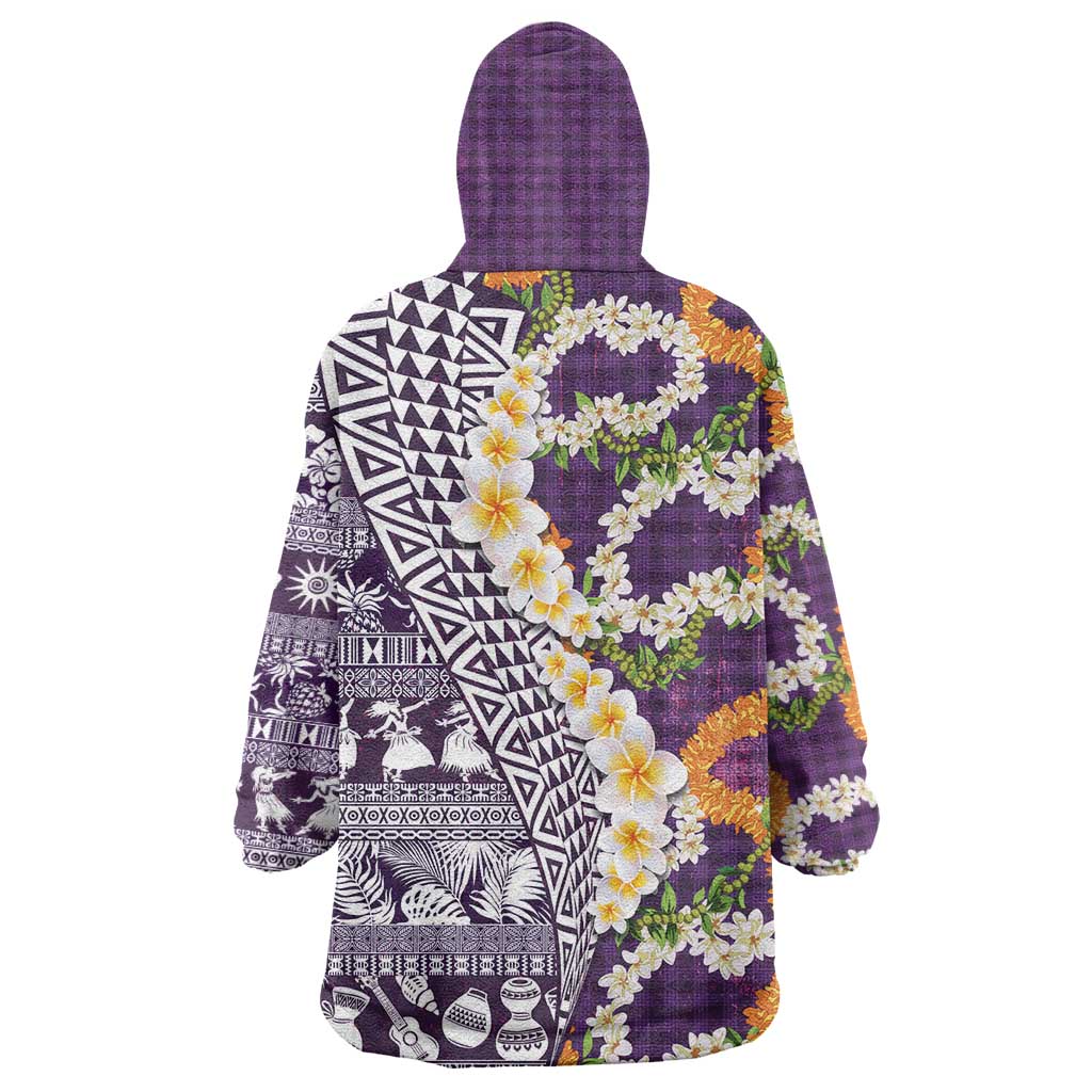 Hawaiian Plumeria Lei Wearable Blanket Hoodie Kakau Motifs and Palaka Half Style Purple Color LT03 - Polynesian Pride