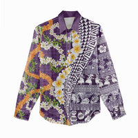 Hawaiian Plumeria Lei Women Casual Shirt Kakau Motifs and Palaka Half Style Purple Color LT03 - Polynesian Pride