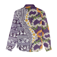 Hawaiian Plumeria Lei Women Casual Shirt Kakau Motifs and Palaka Half Style Purple Color LT03 - Polynesian Pride