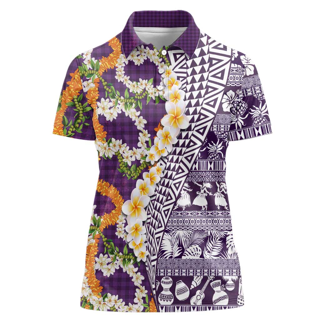 Hawaiian Plumeria Lei Women Polo Shirt Kakau Motifs and Palaka Half Style Purple Color LT03 Female Purple - Polynesian Pride