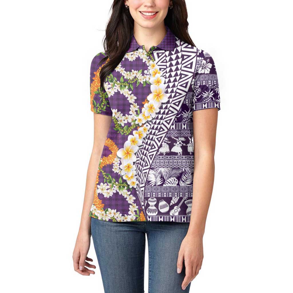Hawaiian Plumeria Lei Women Polo Shirt Kakau Motifs and Palaka Half Style Purple Color LT03 - Polynesian Pride