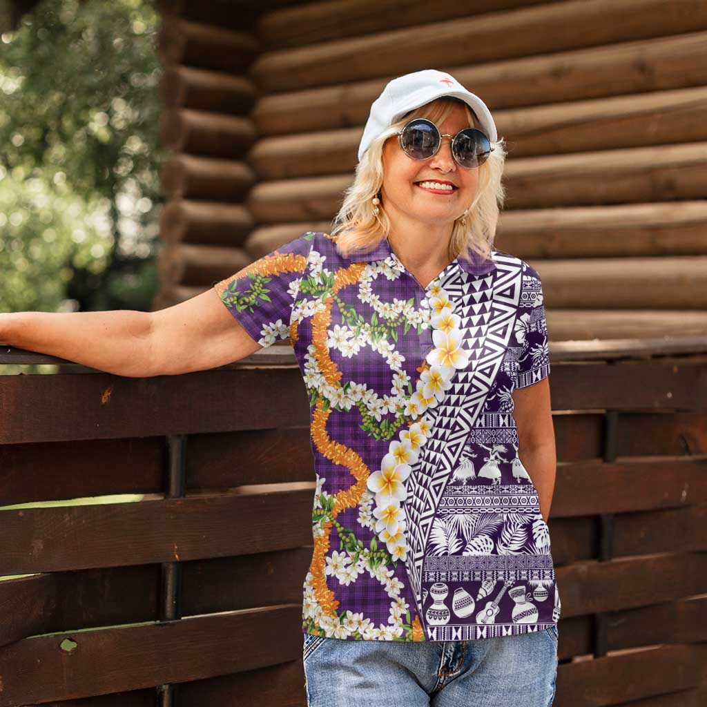 Hawaiian Plumeria Lei Women Polo Shirt Kakau Motifs and Palaka Half Style Purple Color LT03 - Polynesian Pride