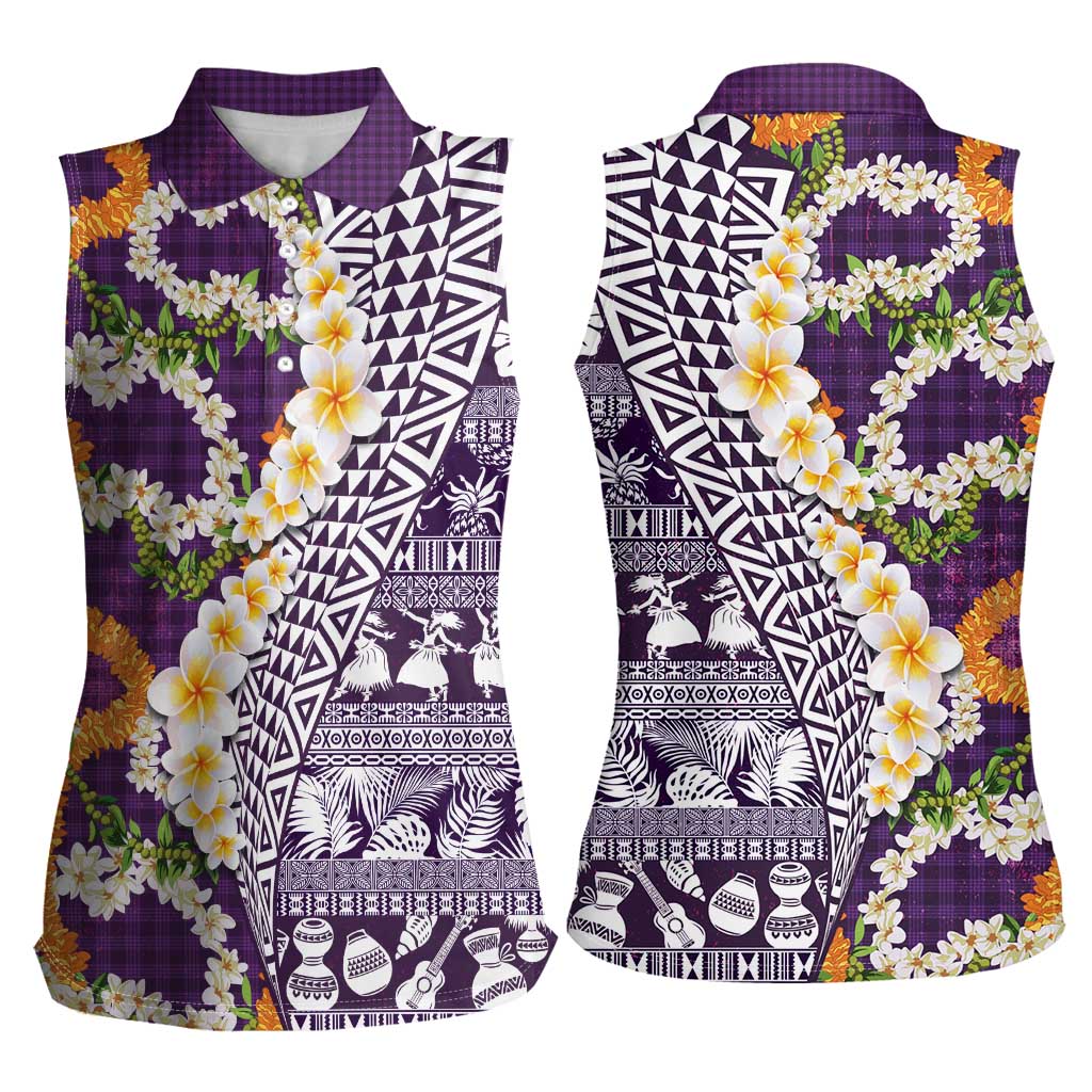 Hawaiian Plumeria Lei Women Sleeveless Polo Shirt Kakau Motifs and Palaka Half Style Purple Color LT03 - Polynesian Pride