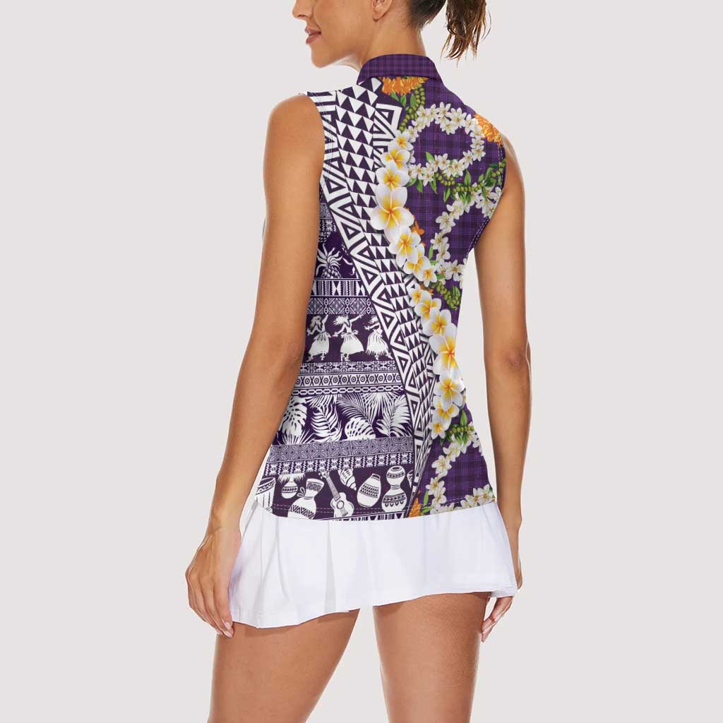 Hawaiian Plumeria Lei Women Sleeveless Polo Shirt Kakau Motifs and Palaka Half Style Purple Color LT03 - Polynesian Pride