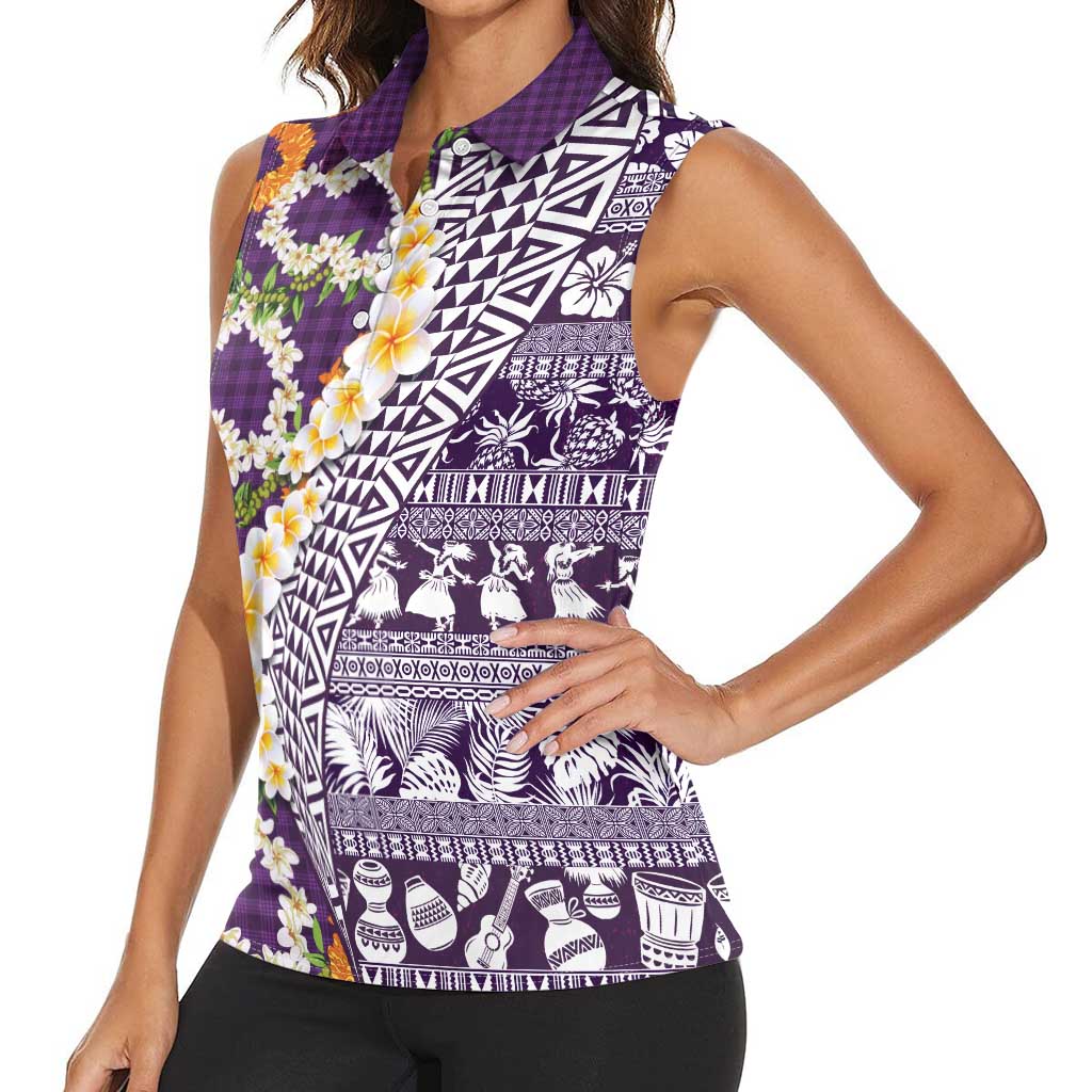 Hawaiian Plumeria Lei Women Sleeveless Polo Shirt Kakau Motifs and Palaka Half Style Purple Color LT03 - Polynesian Pride