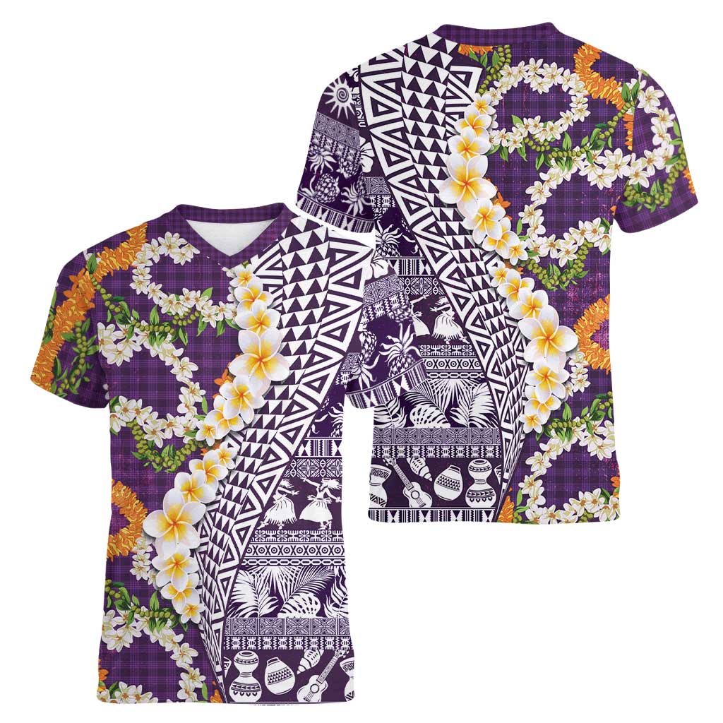 Hawaiian Plumeria Lei Women V-Neck T-Shirt Kakau Motifs and Palaka Half Style Purple Color LT03 - Polynesian Pride