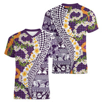 Hawaiian Plumeria Lei Women V-Neck T-Shirt Kakau Motifs and Palaka Half Style Purple Color LT03 - Polynesian Pride