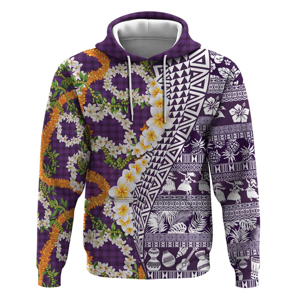 Hawaiian Plumeria Lei Zip Hoodie Kakau Motifs and Palaka Half Style Purple Color LT03 Pullover Hoodie Purple - Polynesian Pride