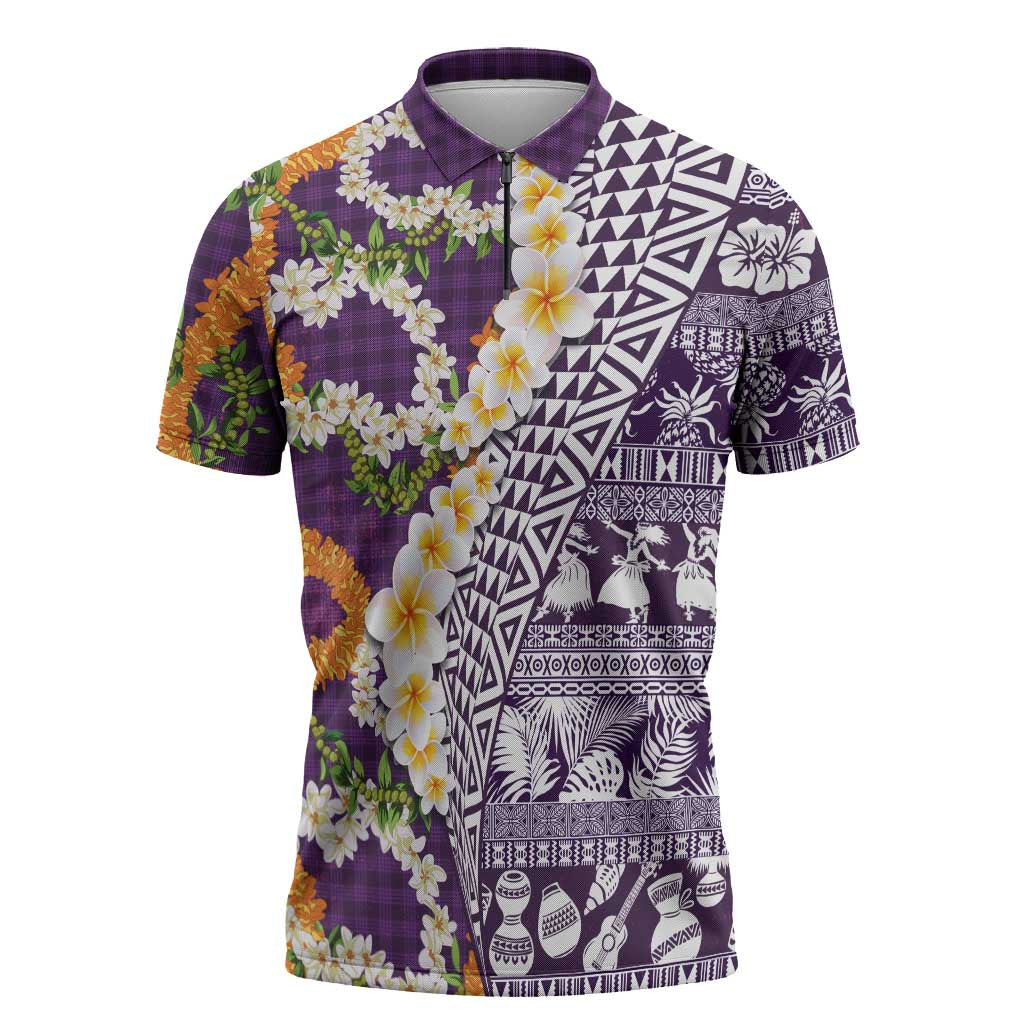 Hawaiian Plumeria Lei Zipper Polo Shirt Kakau Motifs and Palaka Half Style Purple Color - Polynesian Pride