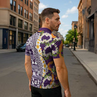 Hawaiian Plumeria Lei Zipper Polo Shirt Kakau Motifs and Palaka Half Style Purple Color LT03 - Polynesian Pride
