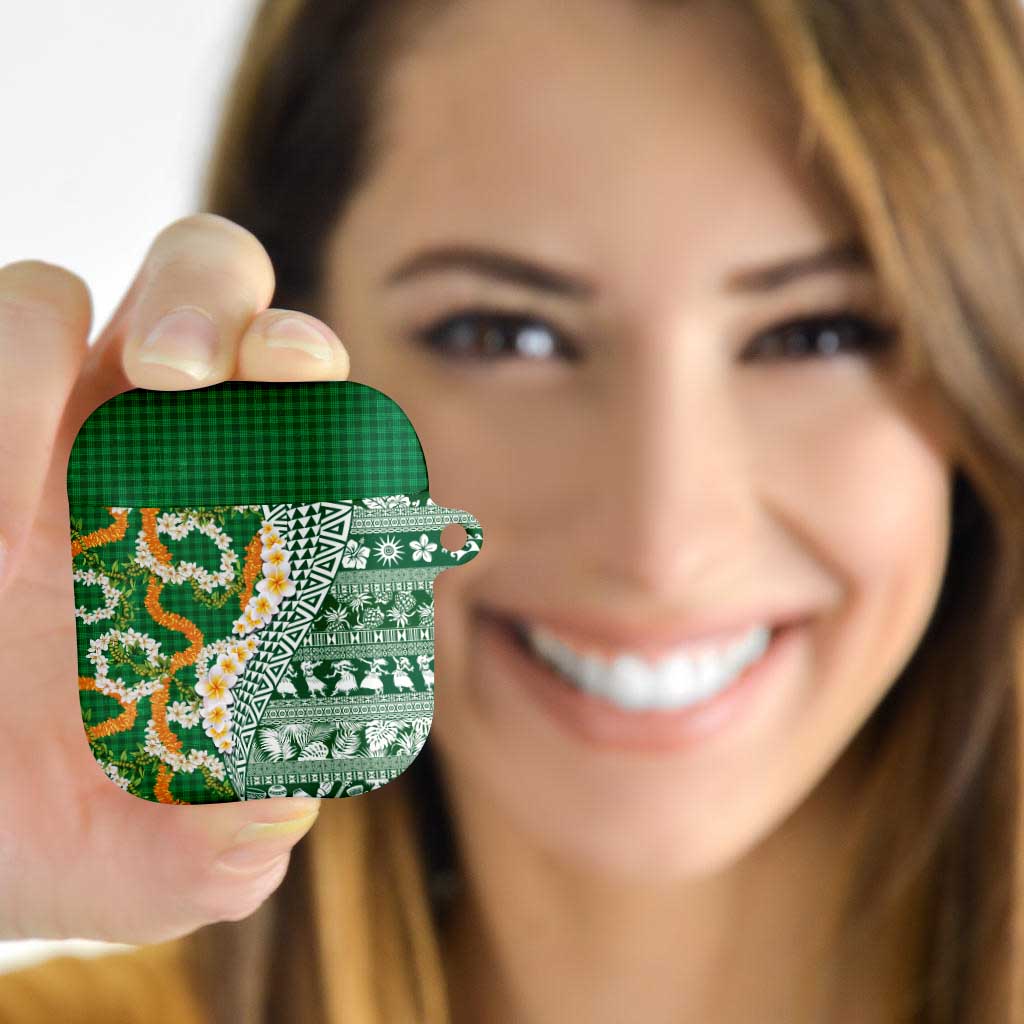 Hawaiian Plumeria Lei AirPods Case Kakau Motifs and Palaka Half Style Green Color - Polynesian Pride