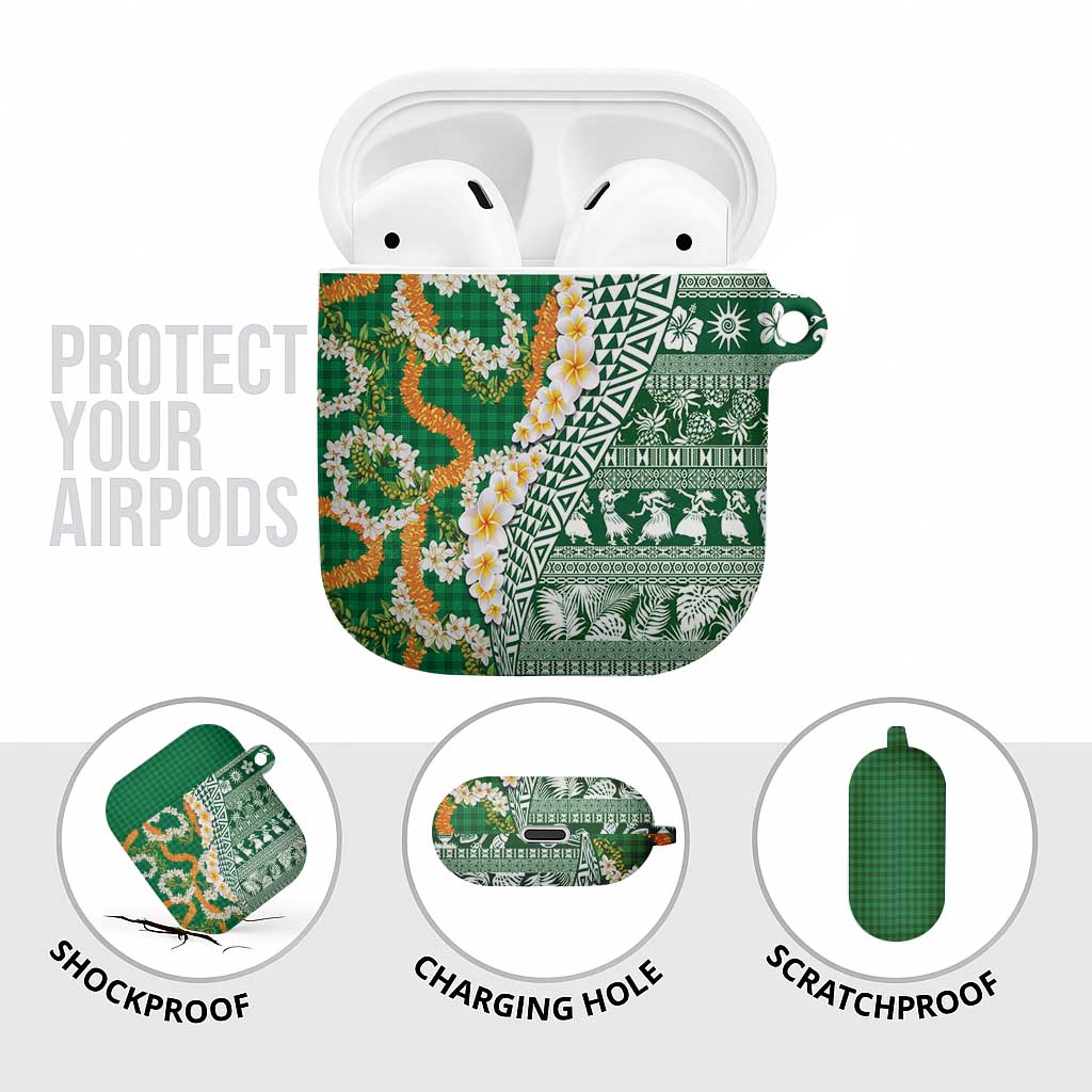 Hawaiian Plumeria Lei AirPods Case Kakau Motifs and Palaka Half Style Green Color - Polynesian Pride