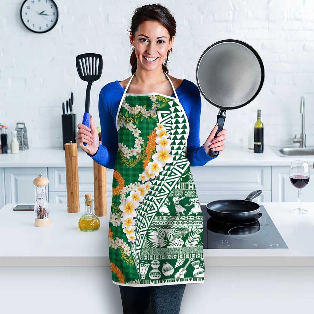 Hawaiian Plumeria Lei Apron Kakau Motifs and Palaka Half Style Green Color - Polynesian Pride