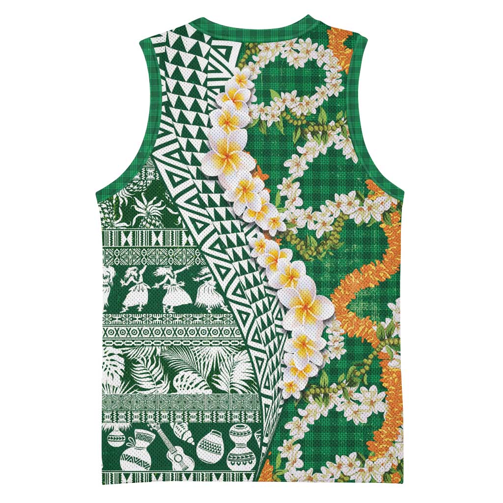 Hawaiian Plumeria Lei Basketball Jersey Kakau Motifs and Palaka Half Style Green Color LT03 - Polynesian Pride
