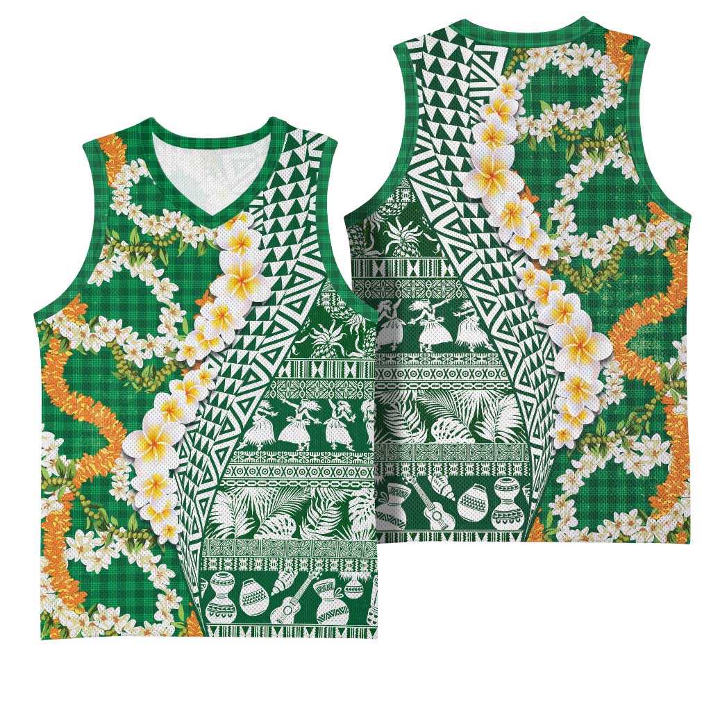 Hawaiian Plumeria Lei Basketball Jersey Kakau Motifs and Palaka Half Style Green Color LT03 - Polynesian Pride