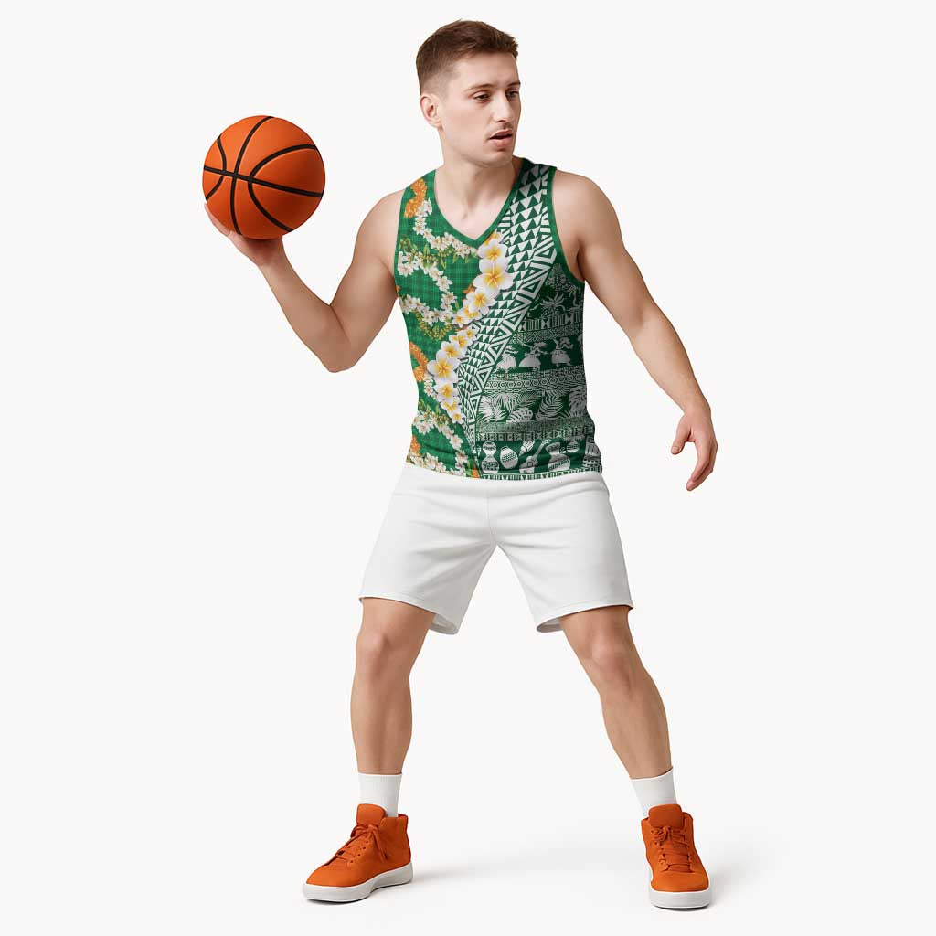 Hawaiian Plumeria Lei Basketball Jersey Kakau Motifs and Palaka Half Style Green Color LT03 - Polynesian Pride