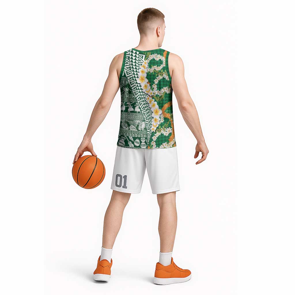 Hawaiian Plumeria Lei Basketball Jersey Kakau Motifs and Palaka Half Style Green Color LT03 - Polynesian Pride