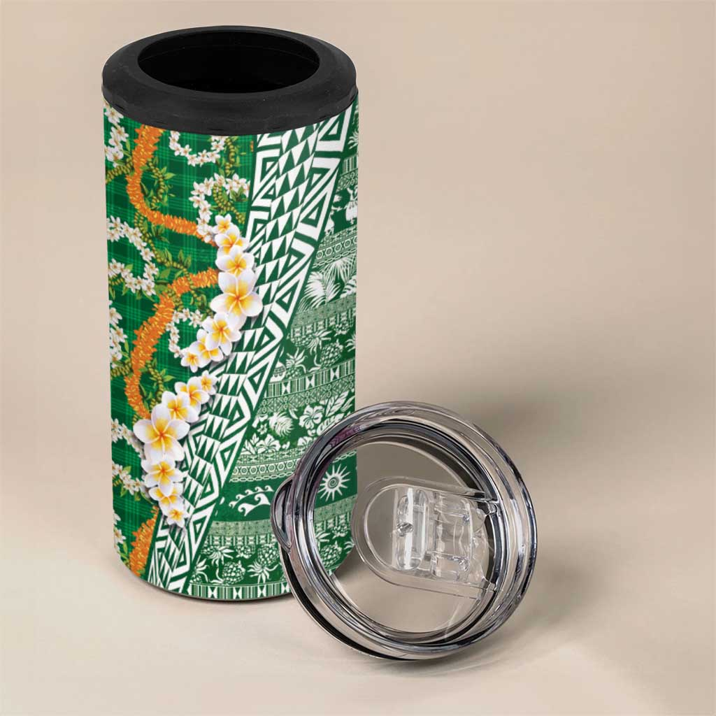 Hawaiian Plumeria Lei 4 in 1 Can Cooler Tumbler Kakau Motifs and Palaka Half Style Green Color LT03 - Polynesian Pride