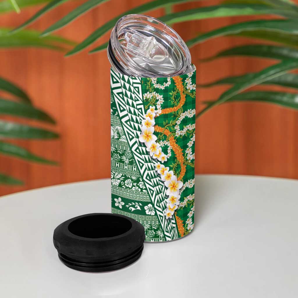 Hawaiian Plumeria Lei 4 in 1 Can Cooler Tumbler Kakau Motifs and Palaka Half Style Green Color LT03 - Polynesian Pride