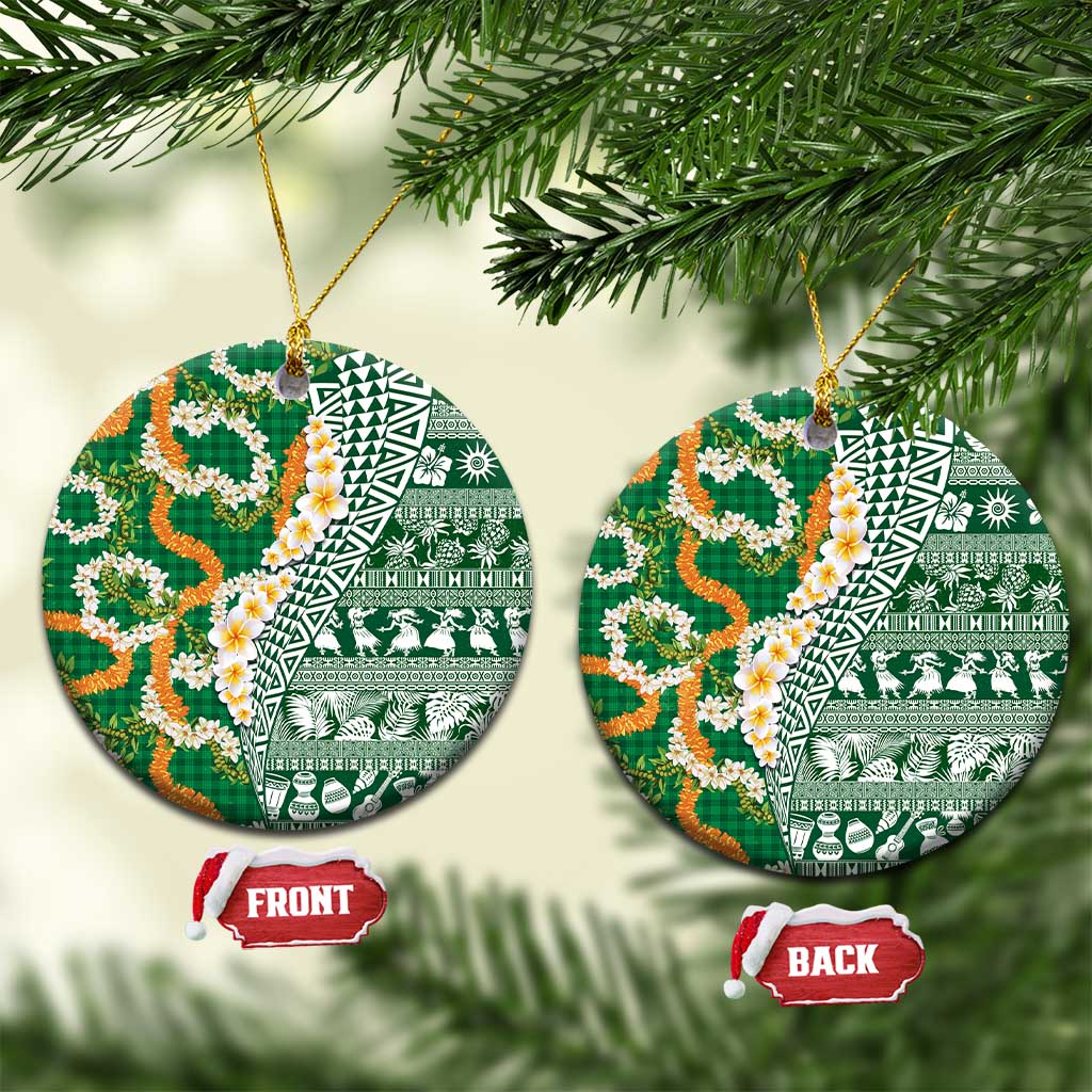 Hawaiian Plumeria Lei Ceramic Ornament Kakau Motifs and Palaka Half Style Green Color - Polynesian Pride