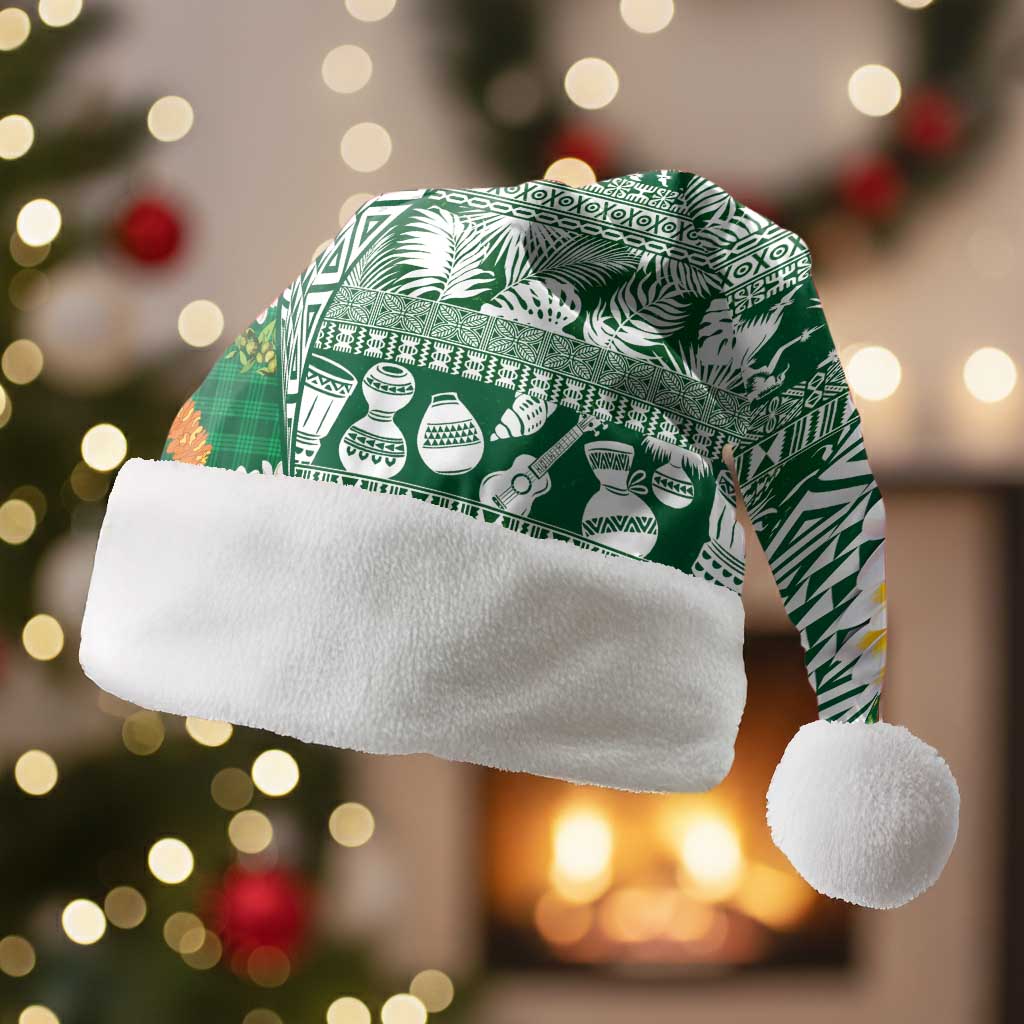 Hawaiian Plumeria Lei Christmas Santa Hat Kakau Motifs and Palaka Half Style Green Color - Polynesian Pride