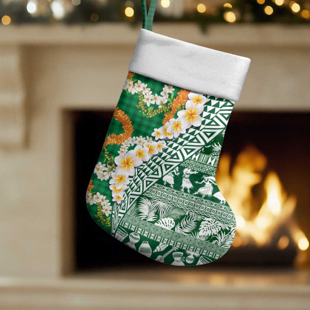 Hawaiian Plumeria Lei Christmas Stocking Kakau Motifs and Palaka Half Style Green Color - Polynesian Pride