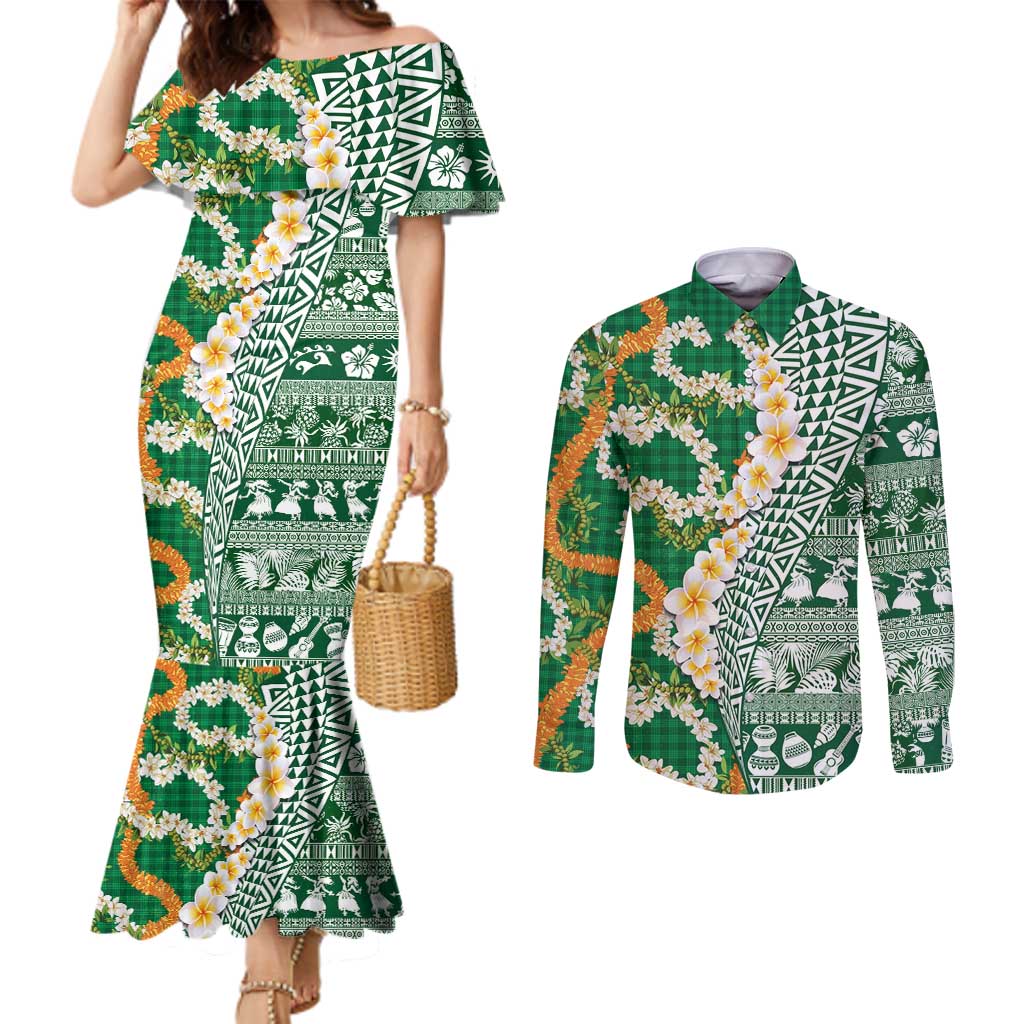 Hawaiian Plumeria Lei Couples Matching Mermaid Dress and Long Sleeve Button Shirt Kakau Motifs and Palaka Half Style Green Color LT03 Green - Polynesian Pride