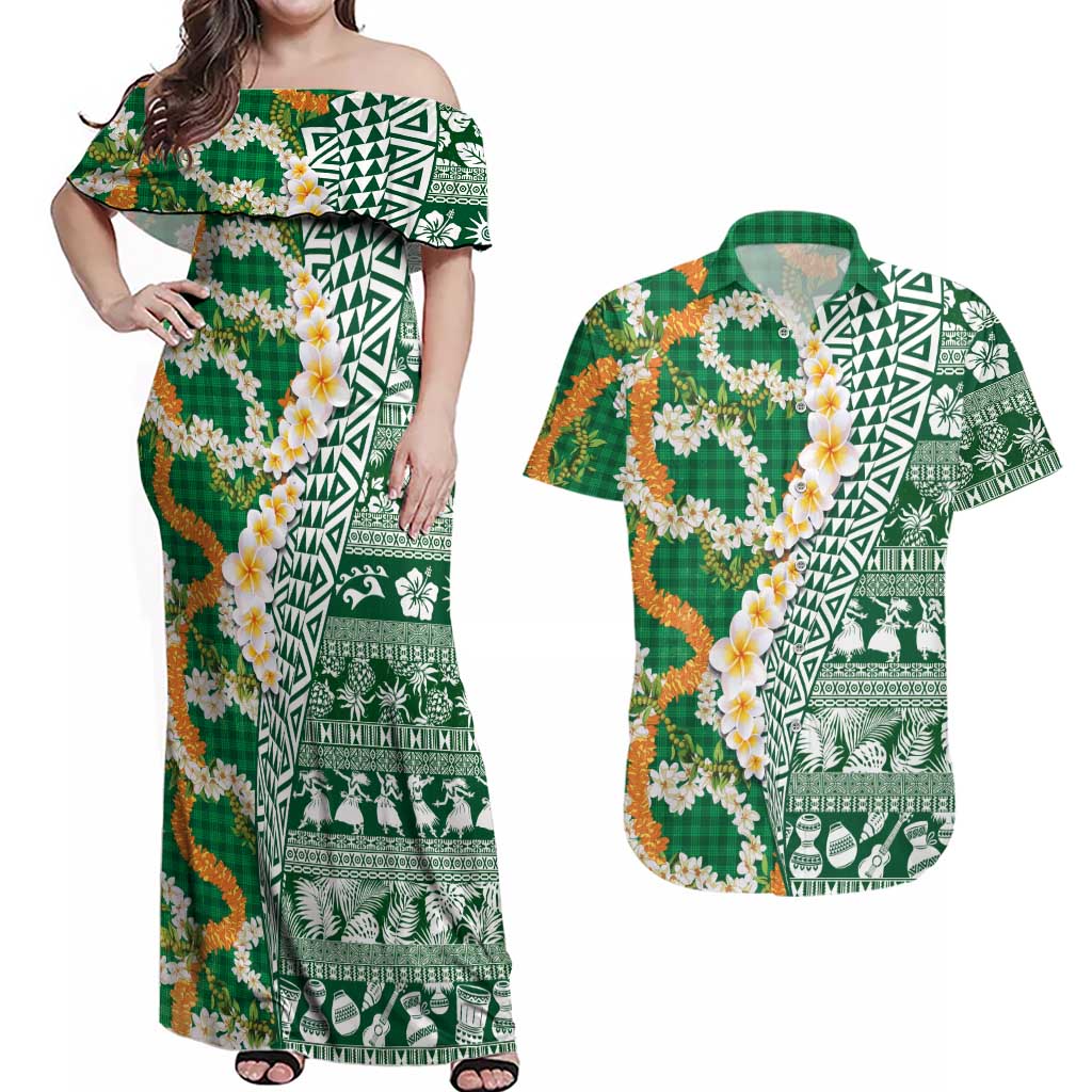 Hawaiian Plumeria Lei Couples Matching Off Shoulder Maxi Dress and Hawaiian Shirt Kakau Motifs and Palaka Half Style Green Color LT03 Green - Polynesian Pride