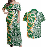 Hawaiian Plumeria Lei Couples Matching Off Shoulder Maxi Dress and Hawaiian Shirt Kakau Motifs and Palaka Half Style Green Color LT03 Green - Polynesian Pride