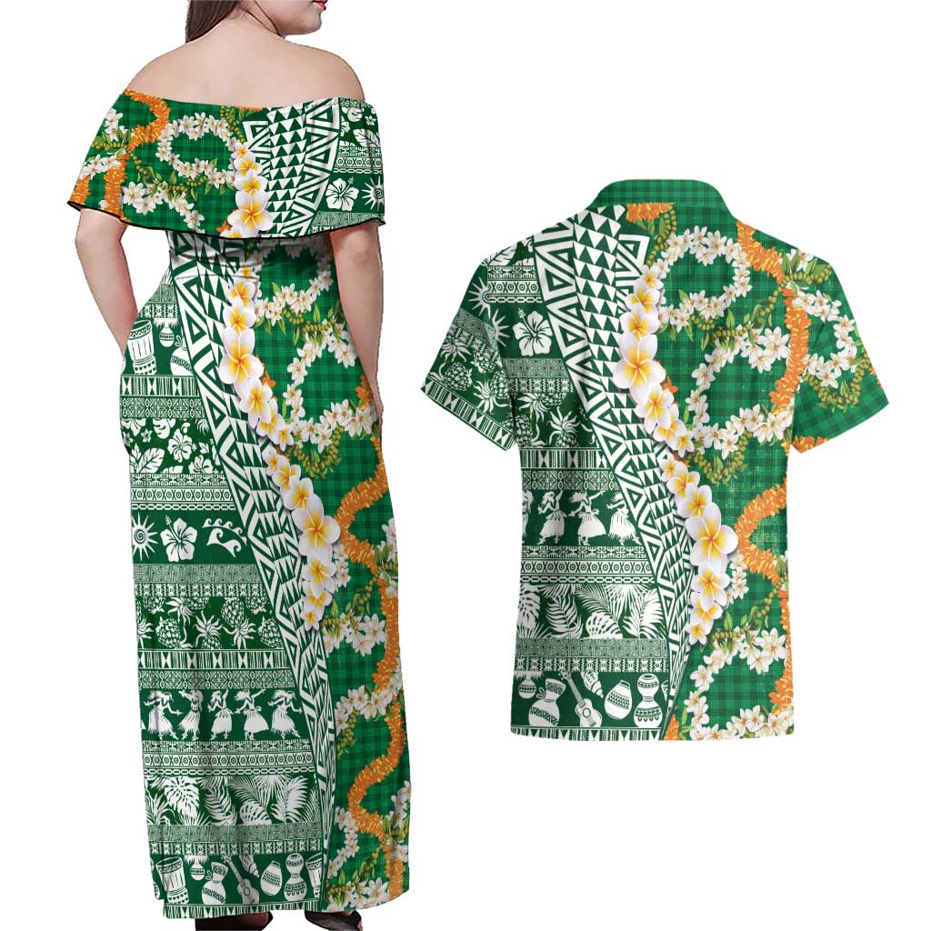 Hawaiian Plumeria Lei Couples Matching Off Shoulder Maxi Dress and Hawaiian Shirt Kakau Motifs and Palaka Half Style Green Color LT03 - Polynesian Pride