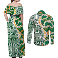 Hawaiian Plumeria Lei Couples Matching Off Shoulder Maxi Dress and Long Sleeve Button Shirt Kakau Motifs and Palaka Half Style Green Color LT03 - Polynesian Pride