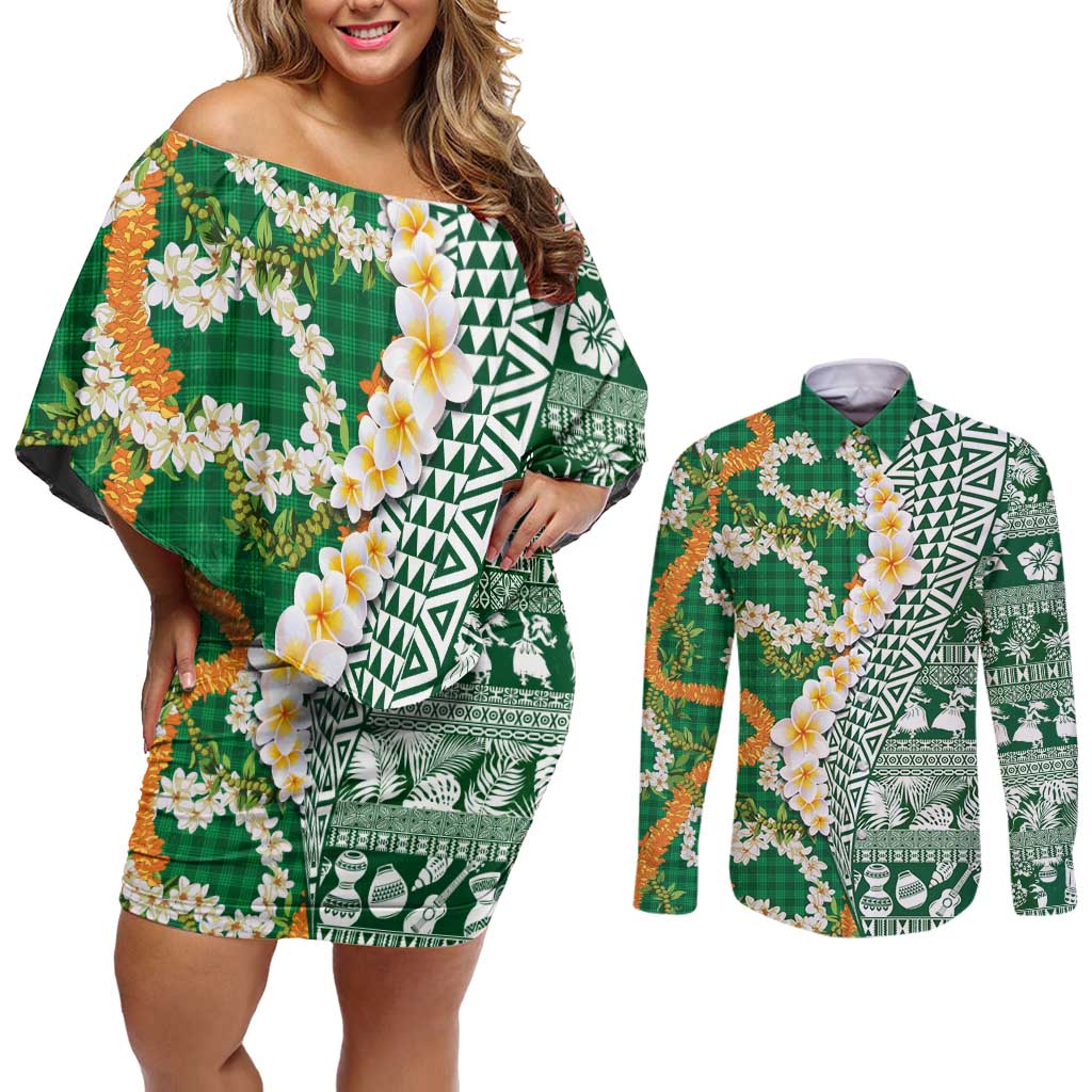 Hawaiian Plumeria Lei Couples Matching Off Shoulder Short Dress and Long Sleeve Button Shirt Kakau Motifs and Palaka Half Style Green Color LT03 Green - Polynesian Pride