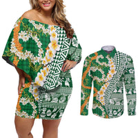 Hawaiian Plumeria Lei Couples Matching Off Shoulder Short Dress and Long Sleeve Button Shirt Kakau Motifs and Palaka Half Style Green Color LT03 Green - Polynesian Pride