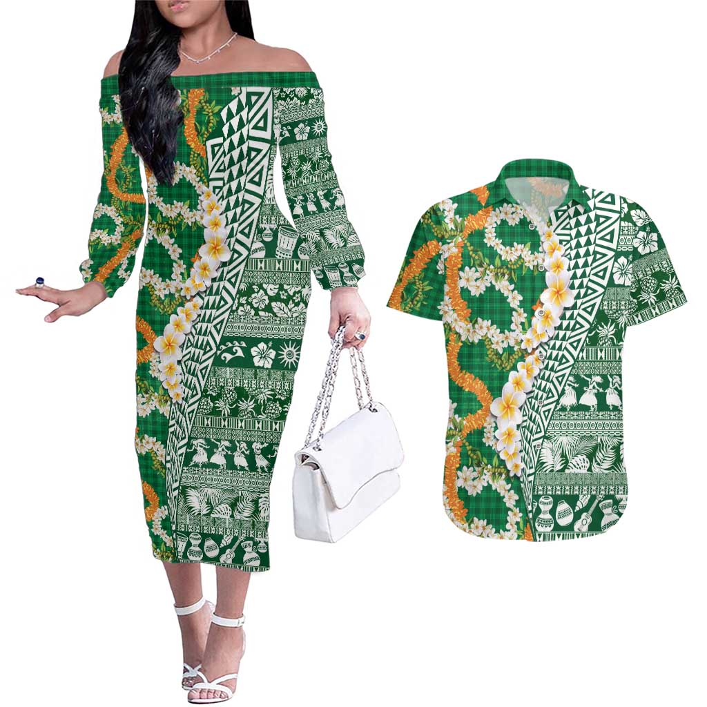 Hawaiian Plumeria Lei Couples Matching Off The Shoulder Long Sleeve Dress and Hawaiian Shirt Kakau Motifs and Palaka Half Style Green Color LT03 Green - Polynesian Pride