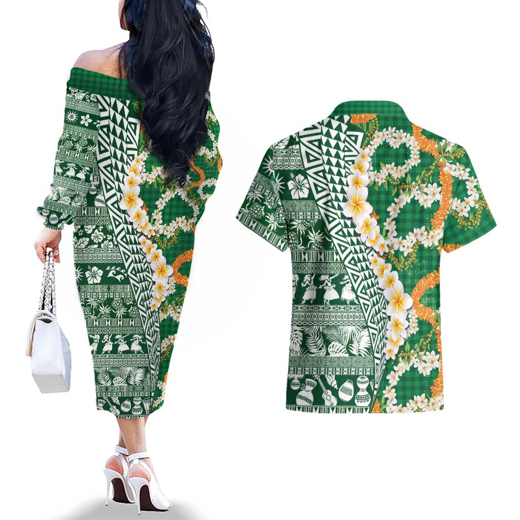 Hawaiian Plumeria Lei Couples Matching Off The Shoulder Long Sleeve Dress and Hawaiian Shirt Kakau Motifs and Palaka Half Style Green Color LT03 - Polynesian Pride
