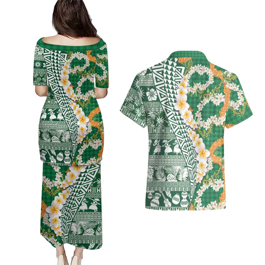 Hawaiian Plumeria Lei Couples Matching Puletasi and Hawaiian Shirt Kakau Motifs and Palaka Half Style Green Color LT03 - Polynesian Pride