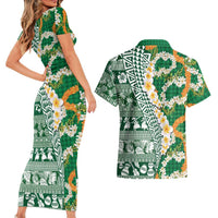 Hawaiian Plumeria Lei Couples Matching Short Sleeve Bodycon Dress and Hawaiian Shirt Kakau Motifs and Palaka Half Style Green Color LT03 - Polynesian Pride