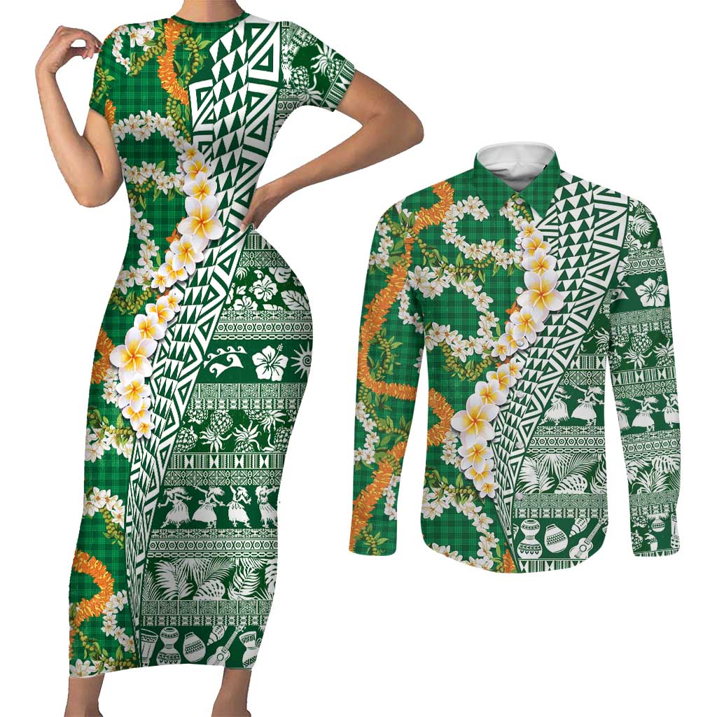 Hawaiian Plumeria Lei Couples Matching Short Sleeve Bodycon Dress and Long Sleeve Button Shirt Kakau Motifs and Palaka Half Style Green Color - Polynesian Pride