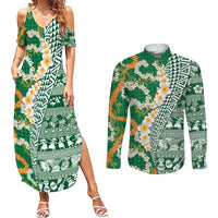Hawaiian Plumeria Lei Couples Matching Summer Maxi Dress and Long Sleeve Button Shirt Kakau Motifs and Palaka Half Style Green Color LT03 Green - Polynesian Pride